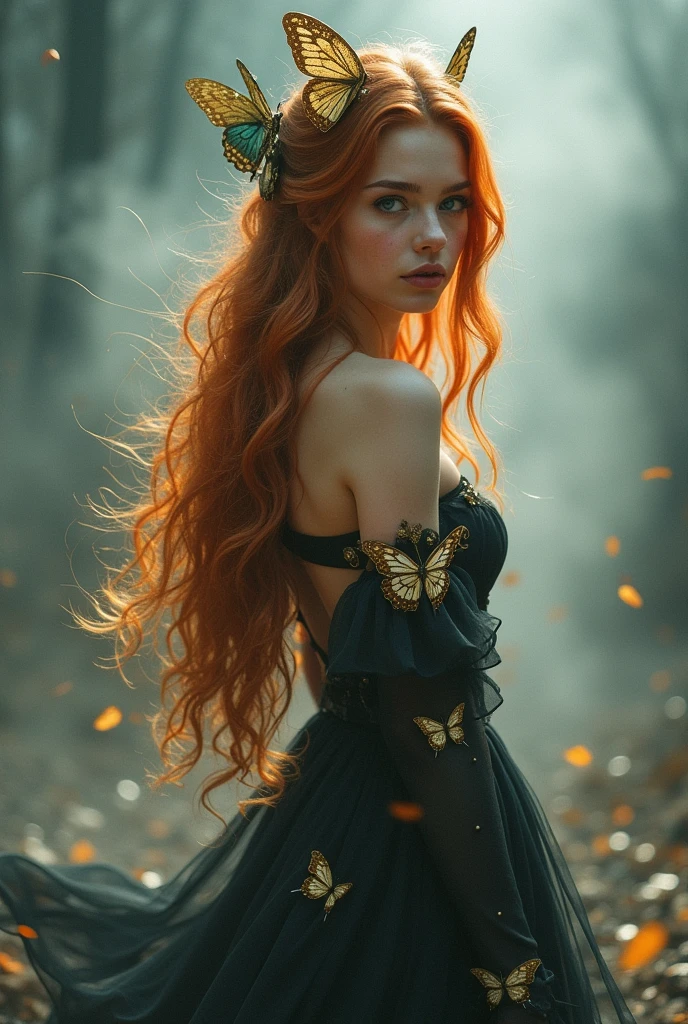 (solo, full body photo:1.3), (action packed:1.3), (haze, fog, mist:1.3), chiaroscuro, best quality, photorealistic, 1woman, (cute), (24yo:1.2), redhead, long ginger hair highly detailed, 1700'S, digital photography, art by artgerm and ruan jia and greg rutkowski surreal painting gold butterfly filigree, broken glass, (masterpiece, sidelighting, finely detailed Fashionable eyes: 1.2) (perfect oval large eyes that gazes at the viewer), beautiful detailed face, blue gorgeous perfect eyes, (blonde hair ponytail), (attractive young woman:1.3), (thick amazing hair), (seductive:1.1), (blushing:1.1)