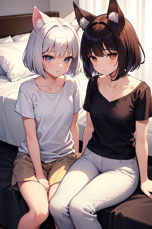 Two Girls cute Background inside the bed (Two Girls Wolf ears Brown short hair T-Shirts Capri Pants White shorthair Dress shirt Capri Pants) Petite Normal chest Thin thighs first round
