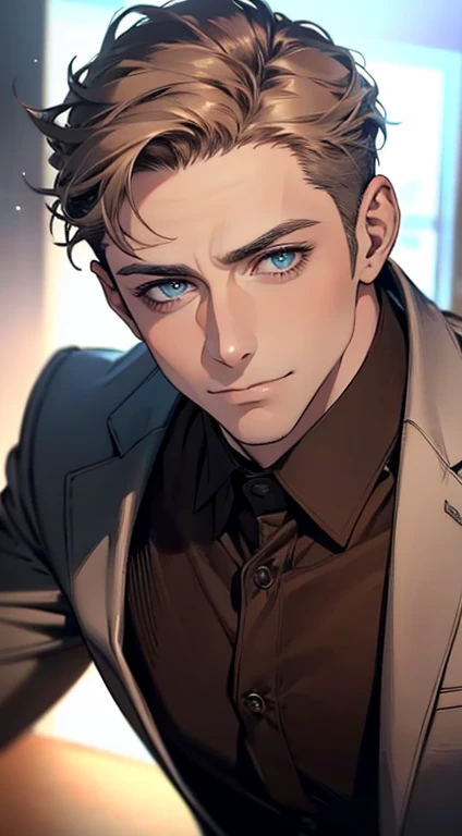 (best quality,4k,8k,highres,masterpiece:1.2),ultra-detailed,(realistic,photorealistic,photo-realistic:1.37),1 man,31 years old,mature man,very handsome,without expression,smile,short grey brown hair,blue eyes,penetrating gaze,perfect face without errors,imposing posture,businessman,office background,cinematic lighting,hdr image