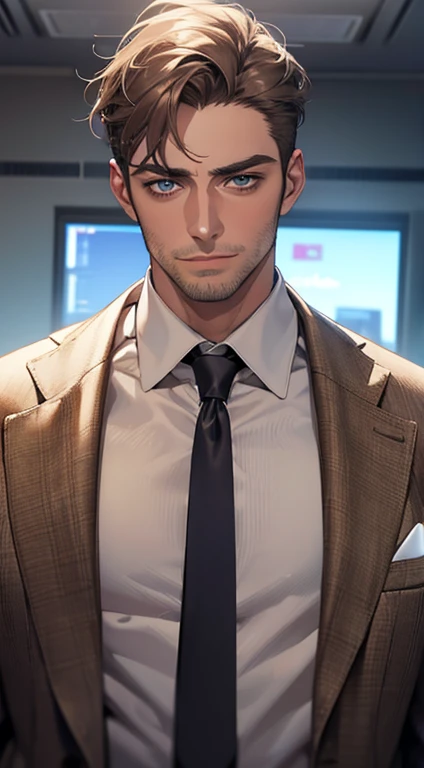 (best quality,4k,8k,highres,masterpiece:1.2),ultra-detailed,(realistic,photorealistic,photo-realistic:1.37),1 man,31 years old,mature man,very handsome,without expression,smile,short grey brown hair,blue eyes,penetrating gaze,perfect face without errors,imposing posture,businessman,office background,cinematic lighting,hdr image