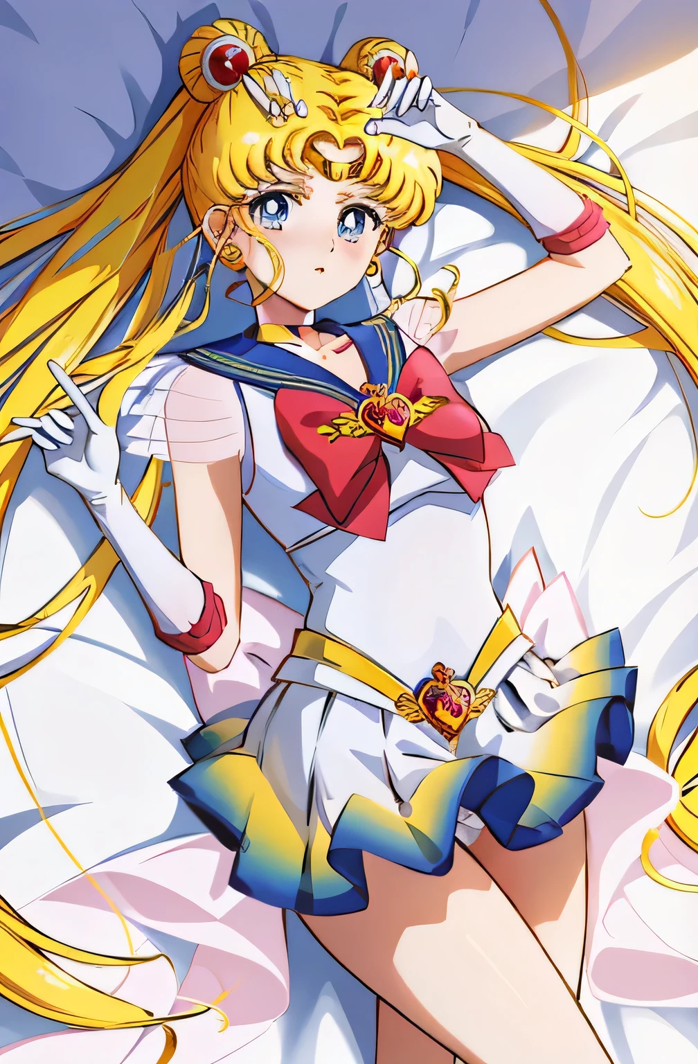 masterpiece, top quality, (single person), supersailor moon, detailed face, happy, face focus, cowboy shot, white wall, on bed, bright room, having sex, embarrassed face, white gloves, detailed eyes, details face, hotel room, detailed background, multicolored clothing, sailor senshi uniform, colorful skirt, hair ornament, red bow, brooch, heart brooch, earrings, crescent moon, heart choker, heart, miniskirt, very long hair, backbow, crescent earrings, tiara, yellow choker, boots, knee boots, red footwear, legs spread to the left and right, white panties, panties visible, skirt that rolls up, flips up skirt with hands, detailed cotton panties , panties with love juice, lying on bed,