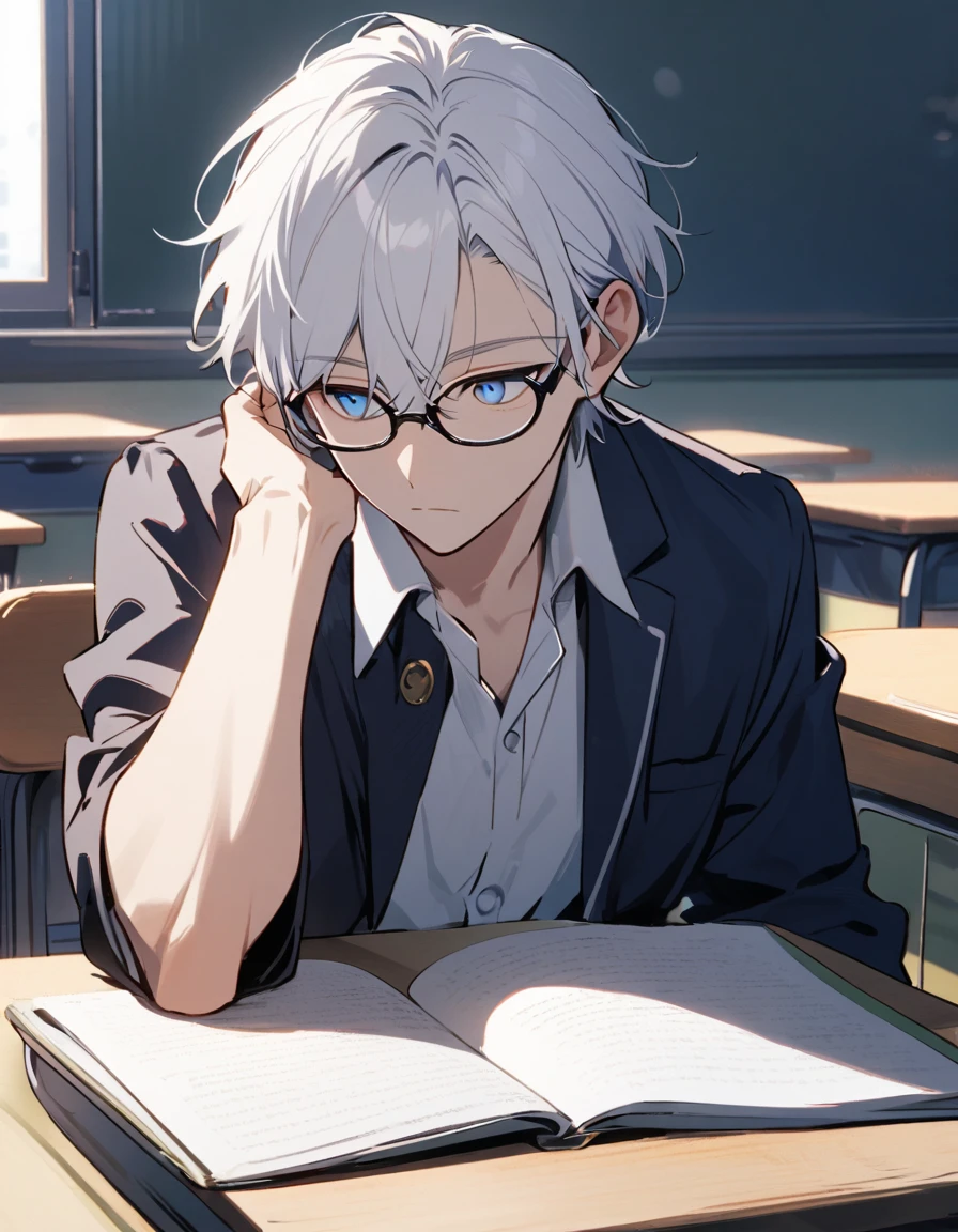 japanese school uniform, emotionless, cool, nerd, 1 male teenager, white hair, blue eyes, upper body, classroom, glasses, calm, studying, handsome