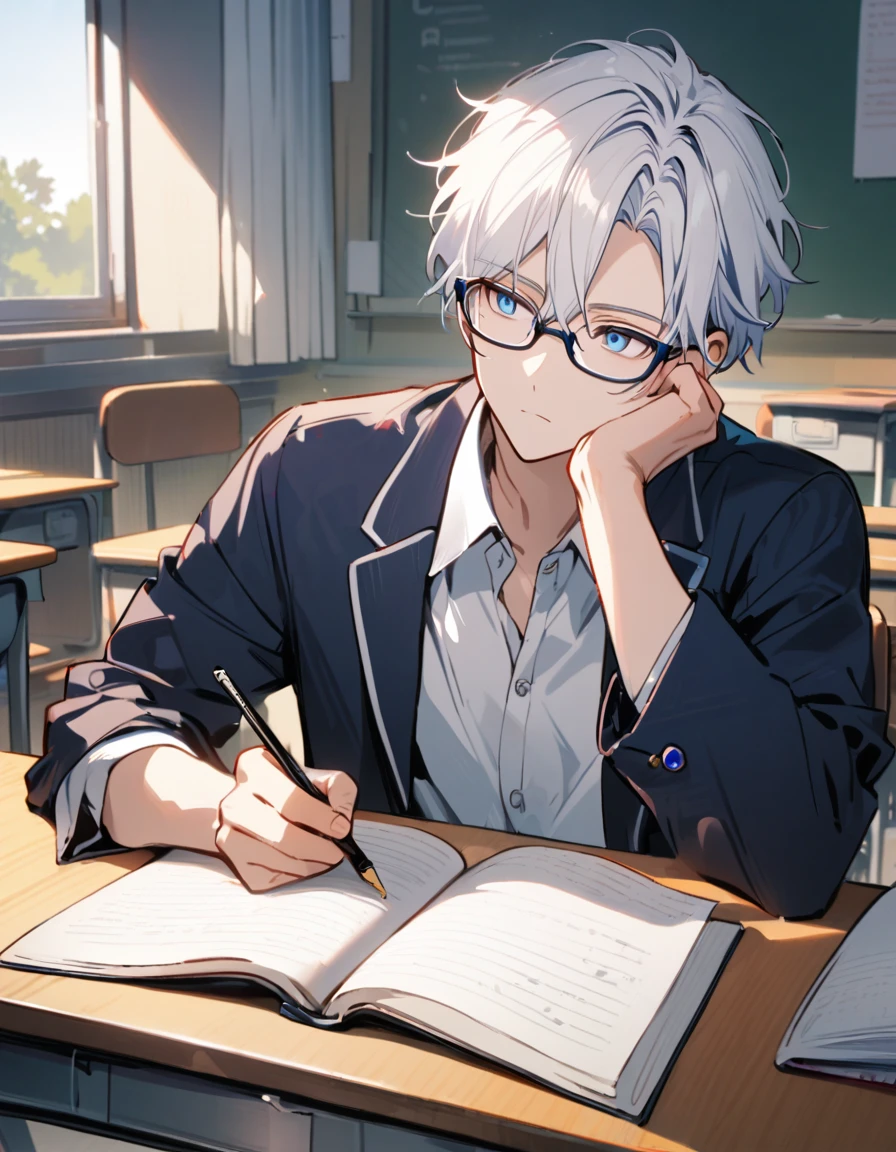 japanese school uniform, emotionless, cool, nerd, 1 male teenager, white hair, blue eyes, upper body, classroom, glasses, calm, studying, handsome