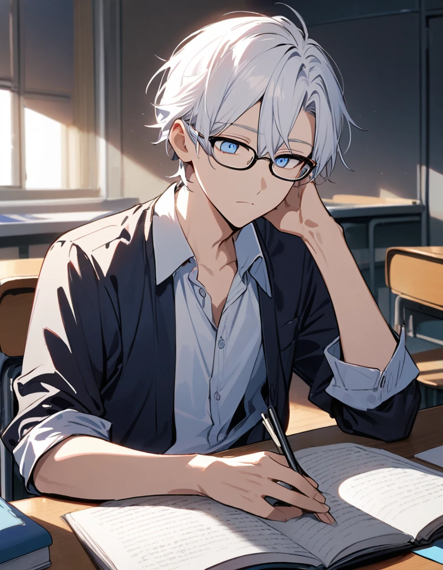 japanese school uniform, emotionless, cool, nerd, 1 male teenager, white hair, blue eyes, upper body, classroom, glasses, calm, studying, handsome