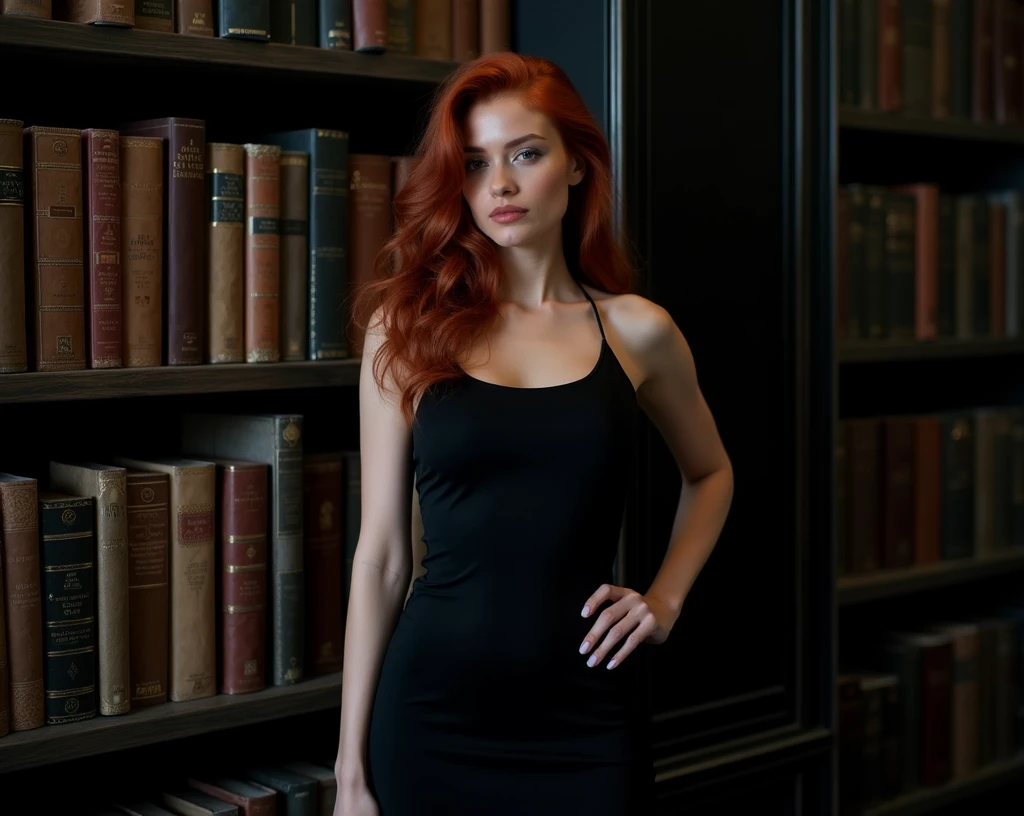 full body photo, beautiful redhead, 25 years old, wearing a black pencil dress standing, hourglass figure, Christian Louboutin shoes, posing on an empty street, night sky, clipping light behind the model, ultra realistic photography, studio photography, 32k, ultra quality