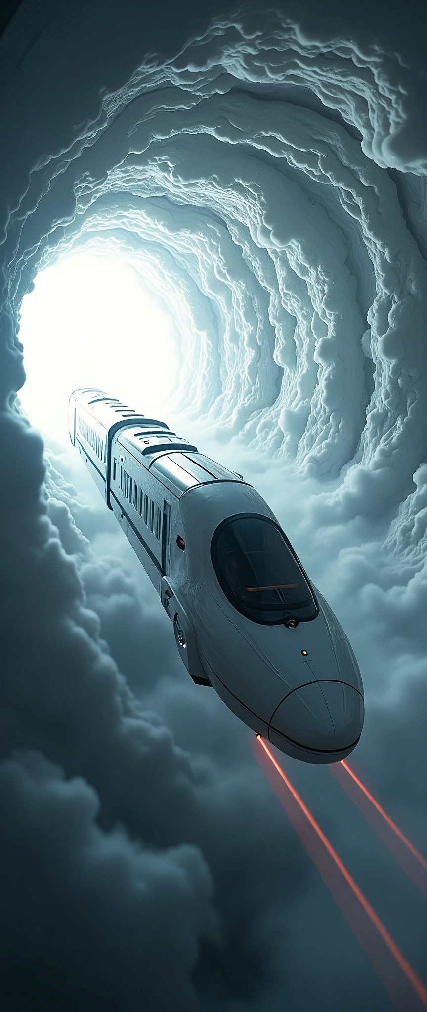 masterpiece,Highest quality,Ultra-high resolution,(Very detailed),8k,Realistic,Best aesthetics,beautiful,(A train-shaped spaceship warping:2.0),(sf:2.0),(A beautiful white spaceship resembling a streamlined bullet train:2.0),(dynamic,Shot from below the spacecraft),(beautiful光の線で超光速を表現:2.0),(The background is a wormhole and subspace.:2.0),(Motion Blur)