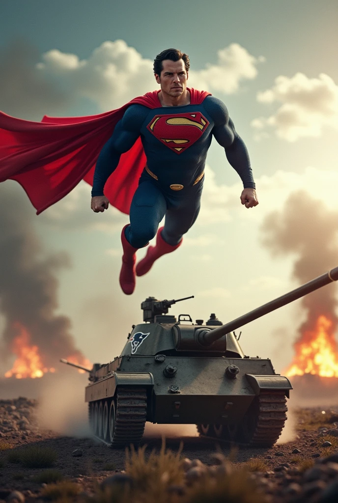 (photorealism:1.2), Superman wearing a New England Patriots uniform flying and using his heat vision against a German war tank