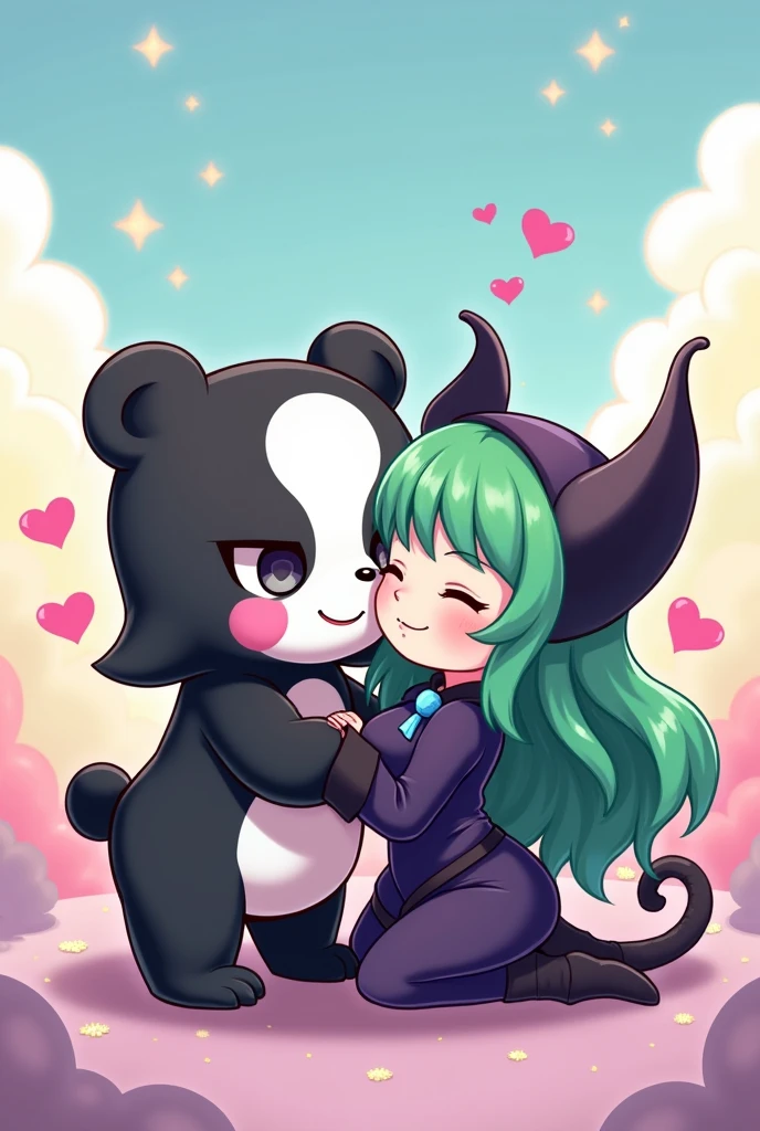 Monokuma from Danganronpa lovingly hugging Morrigan Aensland from Darkstalkers, chibi anime style.