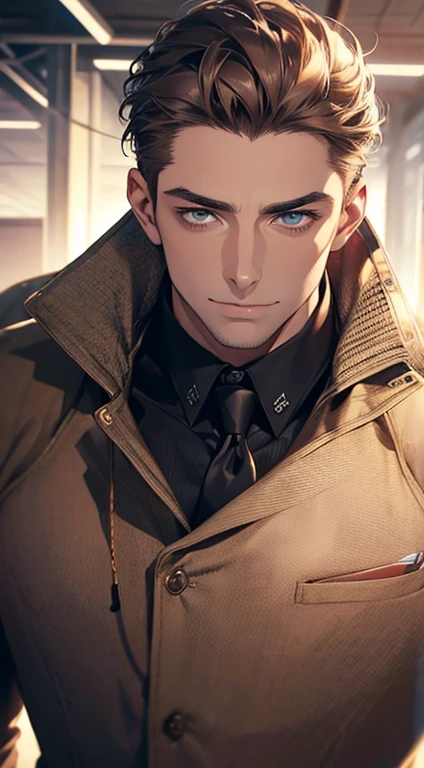 (best quality,4k,8k,highres,masterpiece:1.2),ultra-detailed,(realistic,photorealistic,photo-realistic:1.37),1 man,31 years old,mature man,very handsome,without expression,smile,short grey brown hair,blue eyes,penetrating gaze,perfect face without errors,imposing posture,businessman,office background,cinematic lighting,hdr image