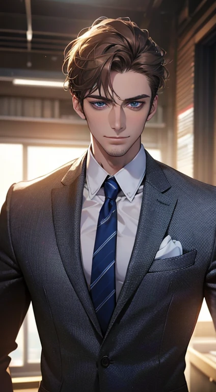 (best quality,4k,8k,highres,masterpiece:1.2),ultra-detailed,(realistic,photorealistic,photo-realistic:1.37),1 man,31 years old,mature man,very handsome,without expression,smile,short grey brown hair,blue eyes,penetrating gaze,perfect face without errors,imposing posture,businessman,office background,cinematic lighting,hdr image