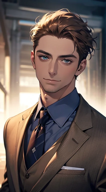 (best quality,4k,8k,highres,masterpiece:1.2),ultra-detailed,(realistic,photorealistic,photo-realistic:1.37),1 man,31 years old,mature man,very handsome,without expression,smile,short grey brown hair,blue eyes,penetrating gaze,perfect face without errors,imposing posture,businessman,office background,cinematic lighting,hdr image