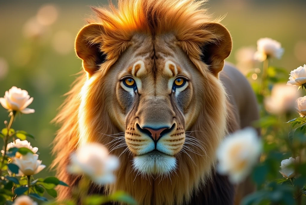 realistic photography, Lion with white roses