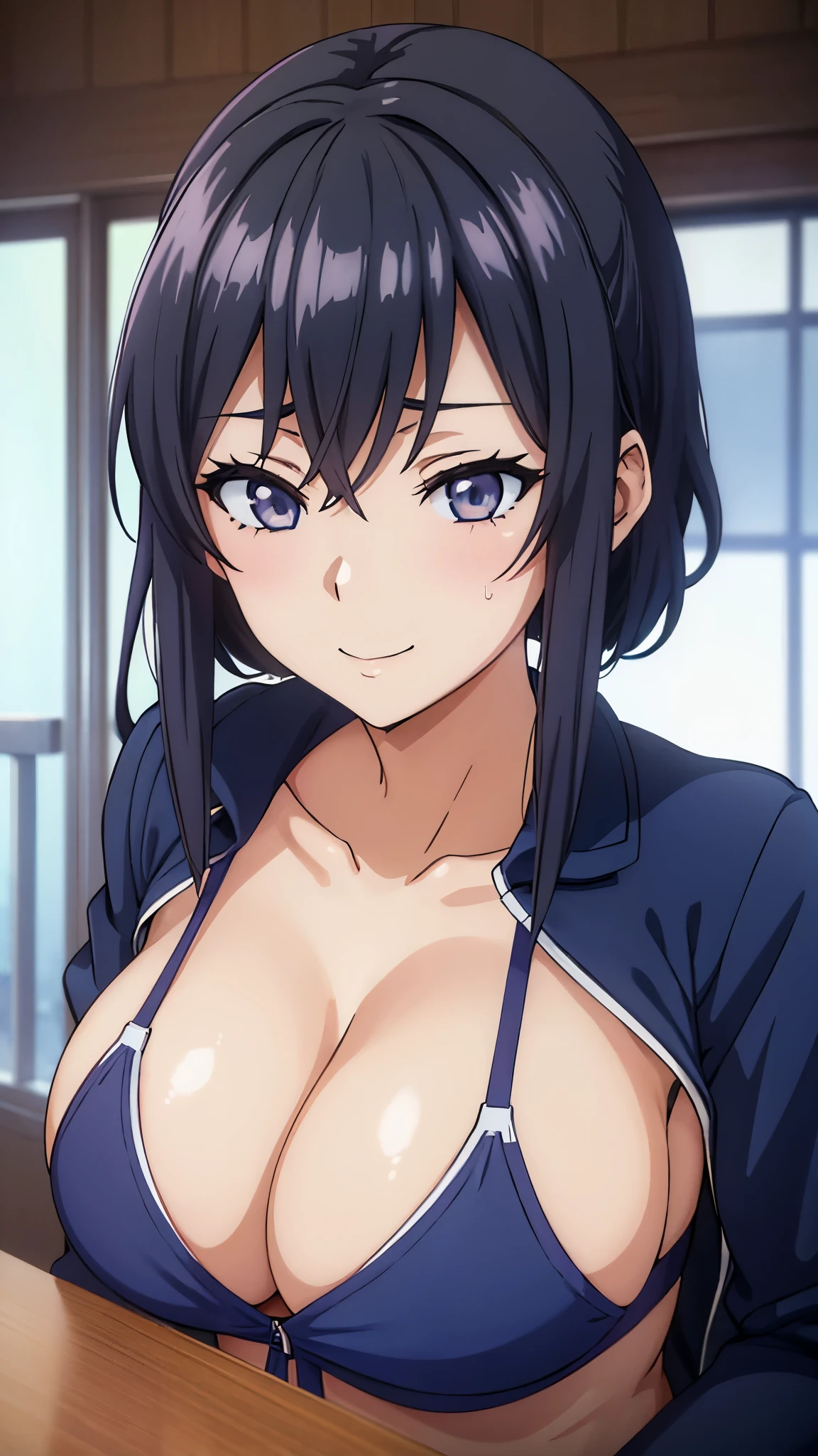 (((masterpiece))),fuyumi itadori, Anime girl characters, 1girl, solo, looking at viewer, medium hair long sleeves, cleavage, bigger breasts, closed mouth, collarbone, jacket, open clothes, open jacket, blue jacket, ground vehicle, sports bra, tall girl, horny, big ass, beautiful face,Charming,  anime visual of a cute girl, screenshot from the anime film, & her expression is solemn, ahegao face, in the anime film, in an anime, anime visual of a young woman, she has a cute expressive face, still from anime, perfect breasts, she is tall, All bodies visible, ahegao face, the face is ahegao, she is horny, A perverted face, she so perverted, she smile so perverted, hd picture, 4k quality, details of the face is so good,bigger breasts, 