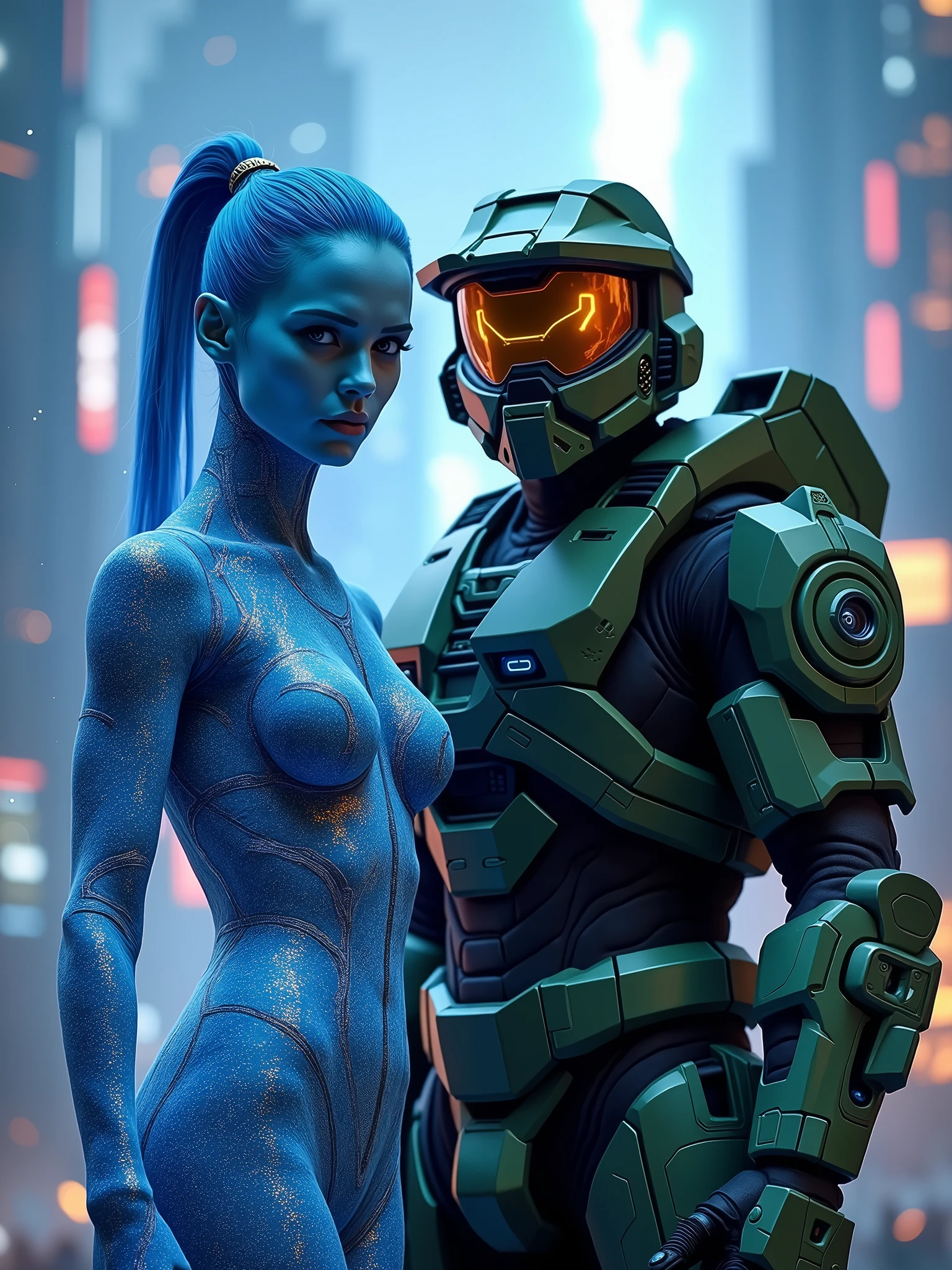 Cortana in blue digital camouflage suit, format and Spartan 117 from Halo Universe, image in 9:16