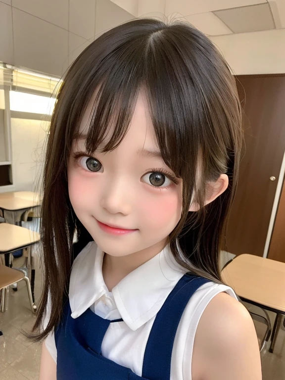 9 years old, elementary school students, full body, best quality:1.6, 8K, (Extremely detailed eyes:1.6, Extremely detailed face:1.3), very cute face, white shirt, sleeveless, school uniform, musume san, long hair, bangs, 1 girl,  huge breast, outdoor, open mouth, Smile slightly,