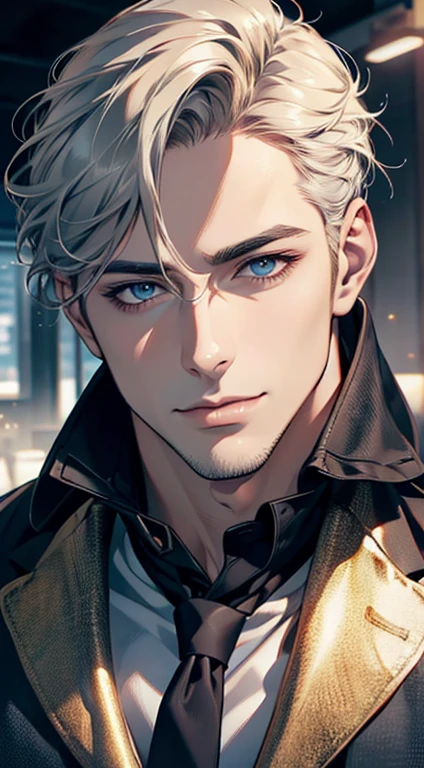 (best quality,4k,8k,highres,masterpiece:1.2),ultra-detailed,(realistic,photorealistic,photo-realistic:1.37),1 man,31 years old,mature man,very handsome,without expression,smile,short grey golden hair,blue eyes,penetrating gaze,perfect face without errors,imposing posture,businessman,office background,cinematic lighting,hdr image