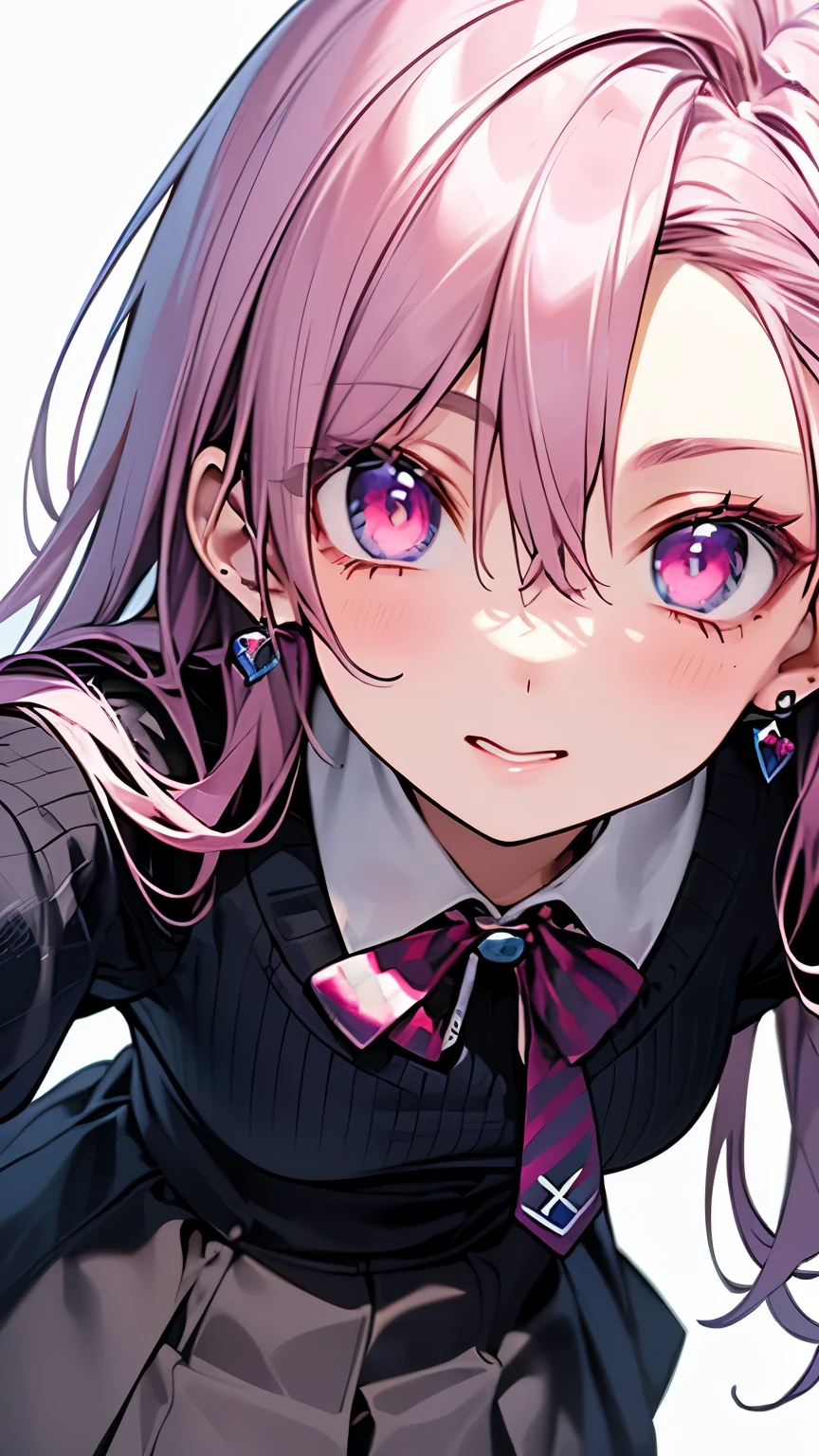 ((forehead:1.5、Standing、Earrings、Earrings、high school girl:1.5、uniform:1.5、school uniform:1.5、Dress shirt、Long tie、Checked mini skirt、low angle shot:1.5、arms up:1.5、frontal face:1.5、A calm face、Pink Hair、Northern Europe、White、beautiful girl:1.5、Pink Hair、White background、cute、Young、True Face、Shiny Hair、whole body))、overweight:1.5、masterpiece, best quality, ultra detailed, hyper detailed, beautiful, woman, medium shot, from front:1.5, leaping figure composition, midday, in focus with blurred background、 highest quality, figure, super detailed, finely, High resolution, 8k wallpaper, Perfect dynamic composition, detailed and beautiful eyes, Deco out,bionde, big breasts, Natural color lip,white background, random cute poses