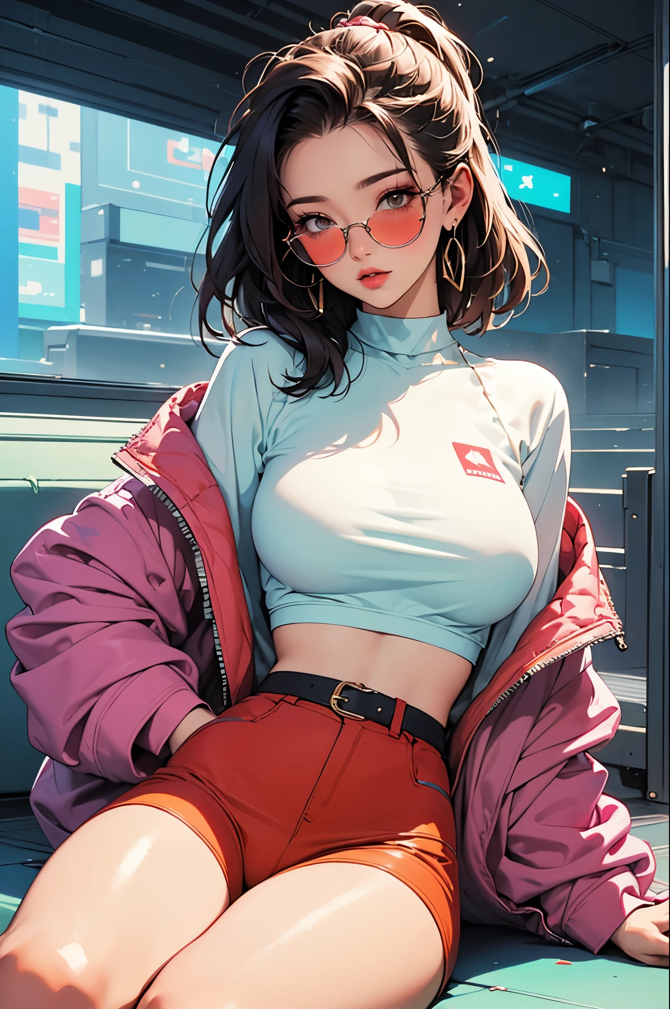 woman, 90's, retro, crop top,, graphical design,
、High Fashion in the 1990s、Sit on the stairs、Tinted Glasses、Large earrings、Hand on chin