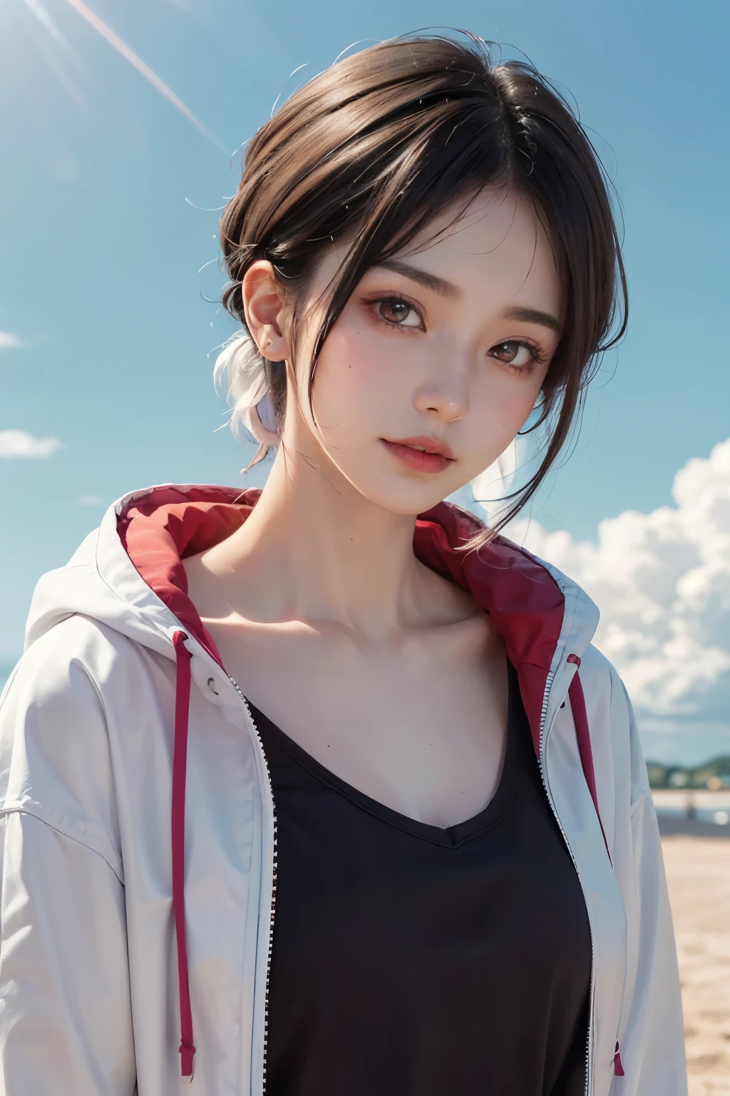 Background blue sky with rainbow,19-year-old woman,Platinum-coloured hair,(High Top Fade:1.3),Shoulder-length hair,(Hair with pink gradation at the ends),((Pale red eyes)),Dark Theme,Calm tone, Calm colors,High Contrast, (Natural skin texture,Hyperrealism,Soft Light, sharp)smile,Large size white raincoat,Black innerwear,((平らな胸)),
