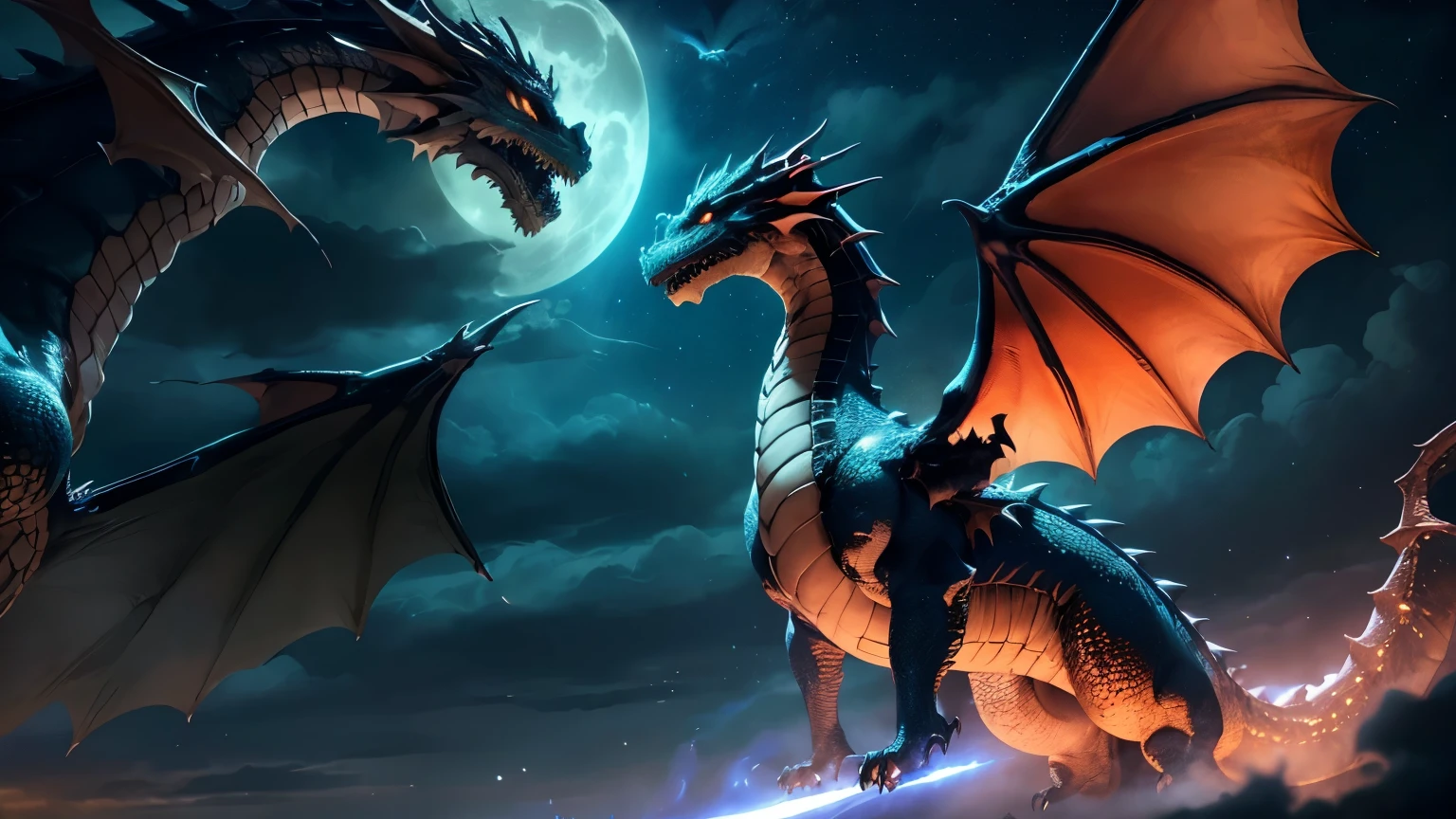 (Long shot) (Shot from distance) (High in the sky) (Shot from ground). Two enormous, fearsome dragons with powerful wings and glowing eyes soar through the night sky. Their massive forms cut through the dark clouds, illuminated by moonlight. The glowing, mystical chariot they pull remains empty, casting a faint light as they fly. The scene captures the majestic flight of the dragons against the backdrop of the vast night sky, with swirling clouds and distant stars. (((a lot of dragons flying in the sky)))