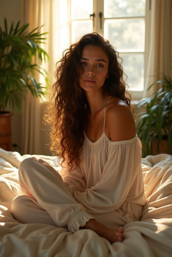 (photorealism:1.2), beautiful woman, sitting on bed, wearing loose off-shoulder top, pajama pants, long curly hair, indoors, soft lighting, plants in background, window with sunlight, cozy room, relaxed pose, realistic, intricate details, warm colors, by Greg Rutkowski, by Alphonse Mucha