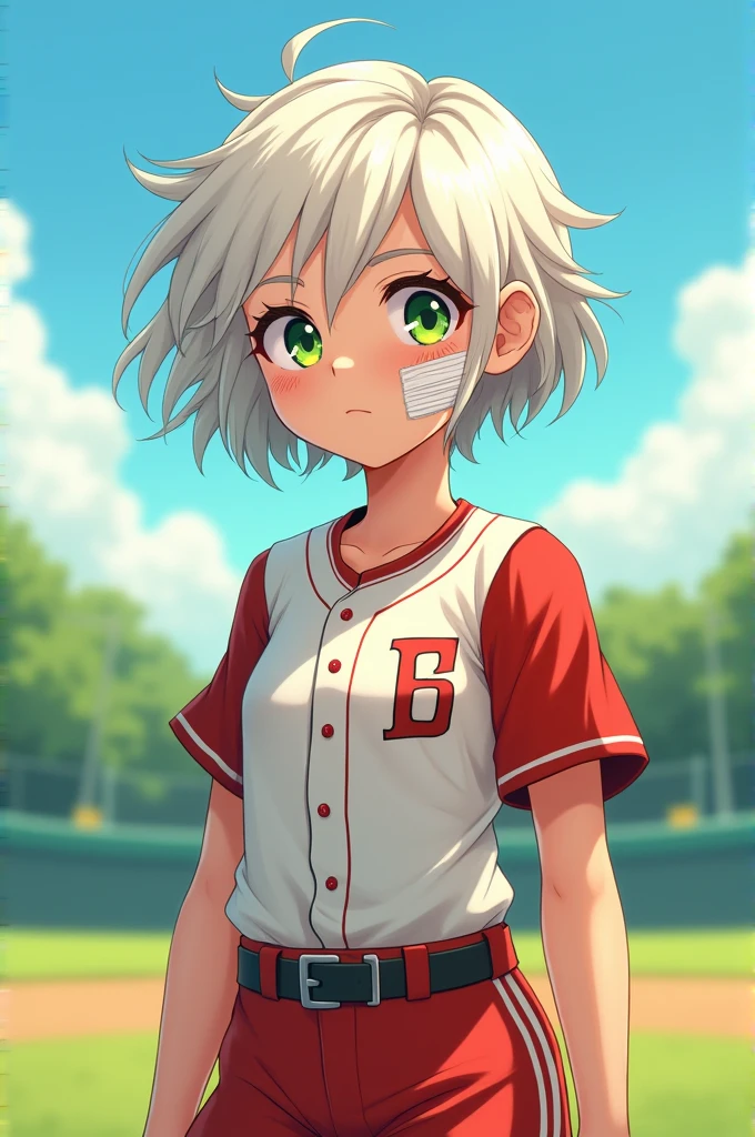 A girl,short, wavy white hair,light skin color and athletic clothing similar to baseball clothing but without the cap,that he has bandages on his face. Green eyes and freckles.