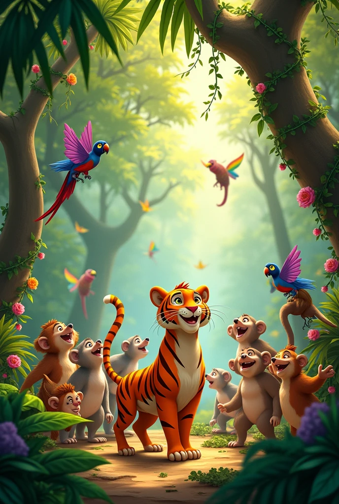 Celebration of Friendship in the Jungle**: A lively scene where all the jungle animals are celebrating the friendship between Chiku and Timba. There are animals dancing, birds chirping, and the jungle in full bloom. Chiku and Timba are in the center, surrounded by their friends, showing a moment of joy and unity.