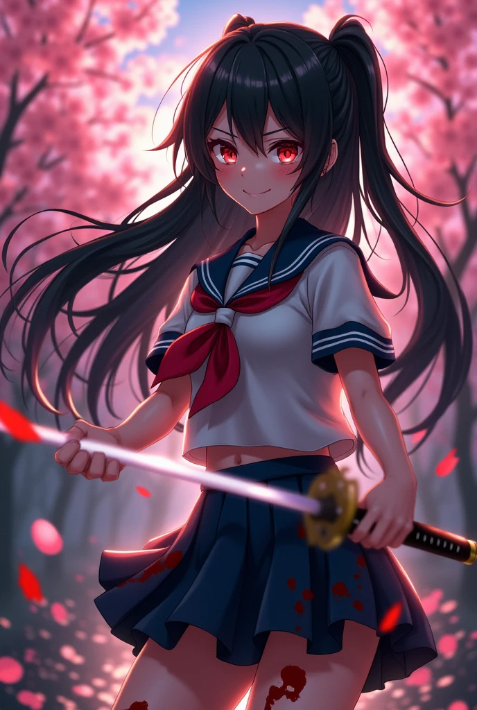 The anime girl is and cute, with long, sleek black hair and slightly messy bangs. Her deep, mischievous eyes, filled with a mix of calmness and a slightly insane, yandere-like demeanor, convey a cocky and confident expression. She wears a traditional Japanese high school uniform—skirt and sailor-style top—stained with blood. As she swings her katana mid-action, blood splatters from the impact, creating a stark contrast to the serene Japanese garden at twilight. Cherry blossoms fall around her, adding to the scene's beauty while her eerie, twisted smile and dark, unsettling gaze hint at her unsettling nature and pleasure in the battle.