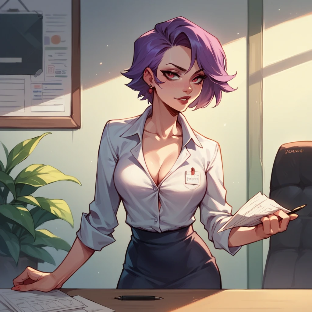 your boss (female in her late 30s with short purple hair) is at work with you. she is in a business attire and stands in your office.