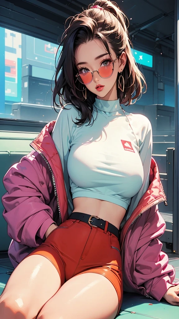 woman, 90's, retro, crop top,, graphical design,
、High Fashion in the 1990s、Sit on the stairs、Tinted Glasses、Large earrings、Hand on chin