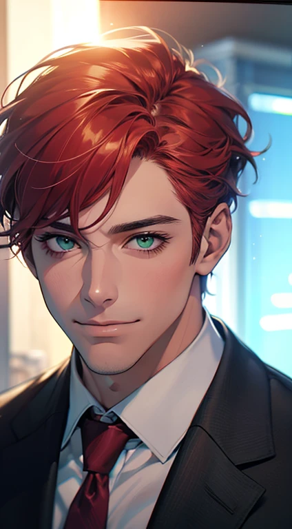 (Highest quality,4K,8K,High resolution,masterpiece:1.2),Super detailed,(Realistic,photoRealistic,photo-Realistic:1.37),1 person,31 years old,Mature Men,Beautiful skin、very handsome,Expressionless smile in love,Short gray red hair,green eyes,Sharp Eyes,A perfect face without a doubt,Businessman,Office Background,Cinema Lighting,HDR image,tie、