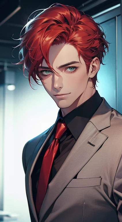 (Highest quality,4K,8K,High resolution,masterpiece:1.2),Super detailed,(Realistic,photoRealistic,photo-Realistic:1.37),1 person,31 years old,Mature Men,Beautiful skin、very handsome,Expressionless smile in love,Short gray red hair,green eyes,Sharp Eyes,A perfect face without a doubt,Businessman,Office Background,Cinema Lighting,HDR image,tie、