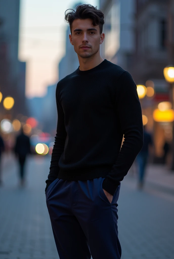 1guy, male, anime, pitch-black piercing eyes, handsome guy, with black sweater and long dark-blue pants, white sneakers, standing