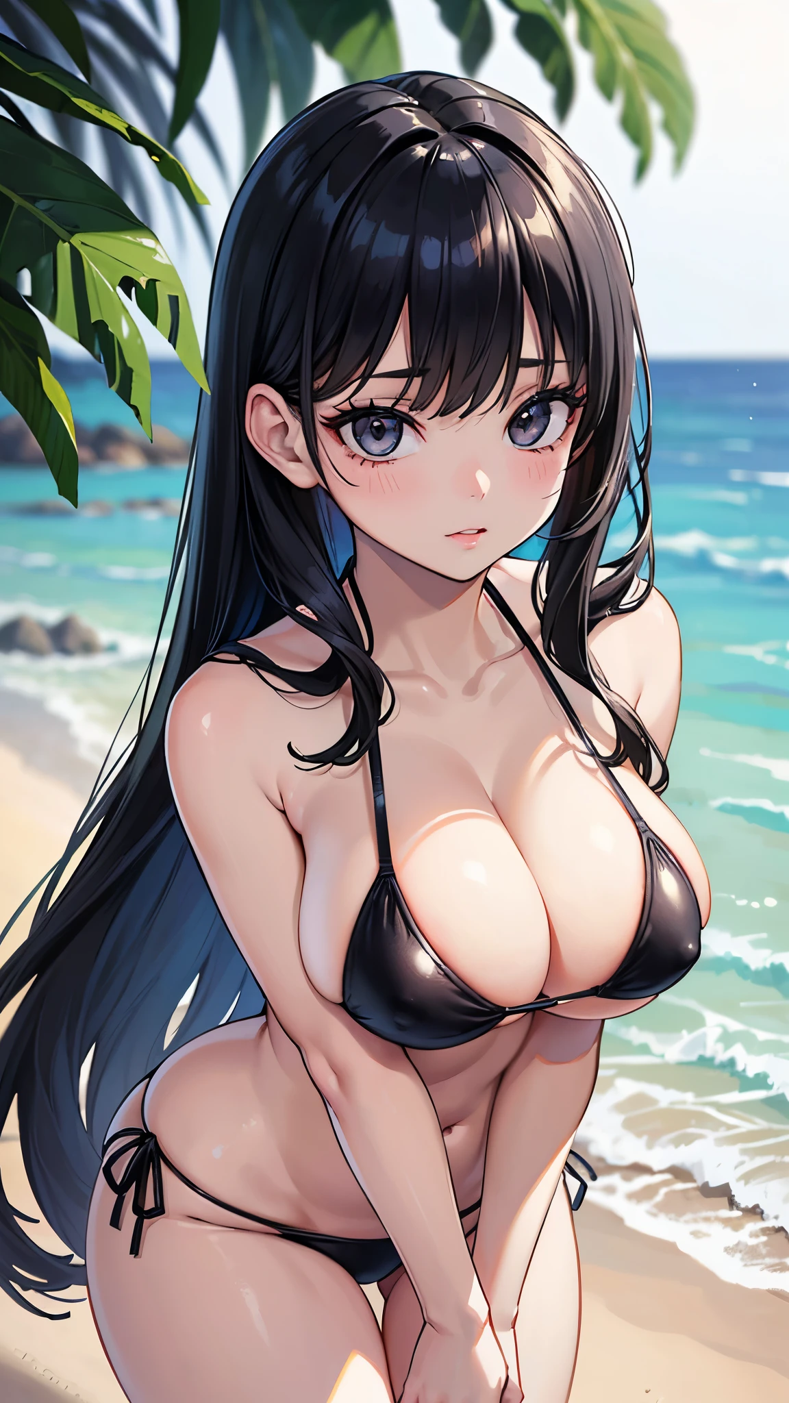 (masterpiece, 最high quality, 超High resolution, Very detailed), (Realistic:1.1, photoRealistic:1.4), Perfect illustration, Perfect lighting,Perfectly detailed hair, Perfect and exquisite face, Perfect collarbone, Perfect body,Juicy breasts, Perfect Thighs, Beautiful legs, View your audience, 1 person,Perfect Face, (Perfect Anatomy, Anatomically correct), Symmetrical face、((Shiny Hair)),Sexy Body、(masterpiece),(最high quality:1.3),8k,Very clear,(Ultra-realistic),Captivating woman,(high quality, High resolution, The finer details), Realisticなスタイルの女性,Juicy breasts、Perfect Woman、Perfect Face、Symmetrical face、Baby Face、((Big breasts))、Cleavage、blush、((Juicy lips))、Cowboy Shot、(((Black Hair)))、((Large, double-set black eyes、Long eyelashes))、(Red Makeup)、(((bikini)))、(((Toned body)))、(Healthy and well-developed body)、((Big tits jk))、(Beach)