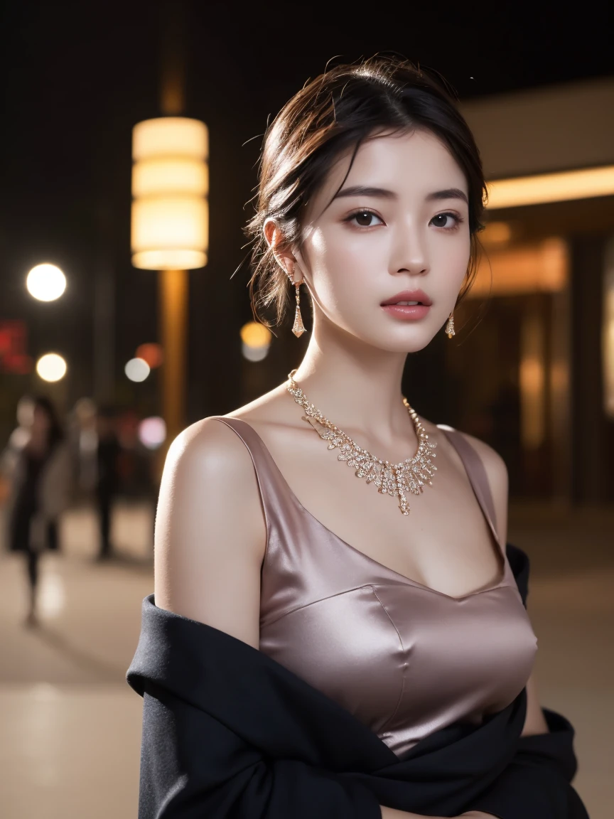 masterpiece:1.2, Very detailed, Ultra-high resolution, Realistic, photo Realistic:1.6, High-resolution RAW color photos, Professional photos, Sharp focus:1.2, Very detailed顔と肌の質感, Very beautiful eyes, Glossのある肌, Glowing Skin, Glowing Skin, Shining Face, Gloss, Oily skin, greasy face, Oily skin, greasy face,, real Glossのある肌 texture, Perfect , Very detailed背景,(Luxury resort at night),1 female,25-year-old woman, Japanese women,height: 168cm,short hair, Straight hair, bangs, Brown Hair,Flat :1.6,Slender legs, ,Luxury earrings、Super high-end necklace,(Disheveled clothes:1.posed body:1.6),