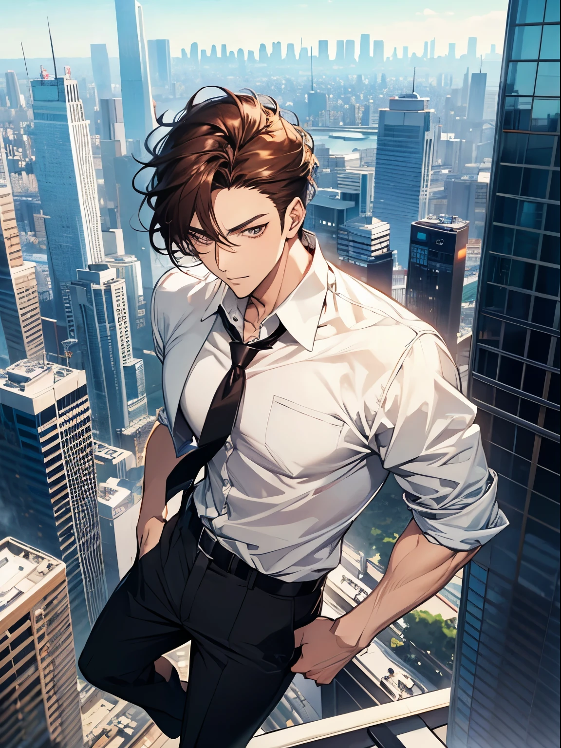 Anime Sexy man, dark hair, white office shirt, trousers, on the top of a skyscraper