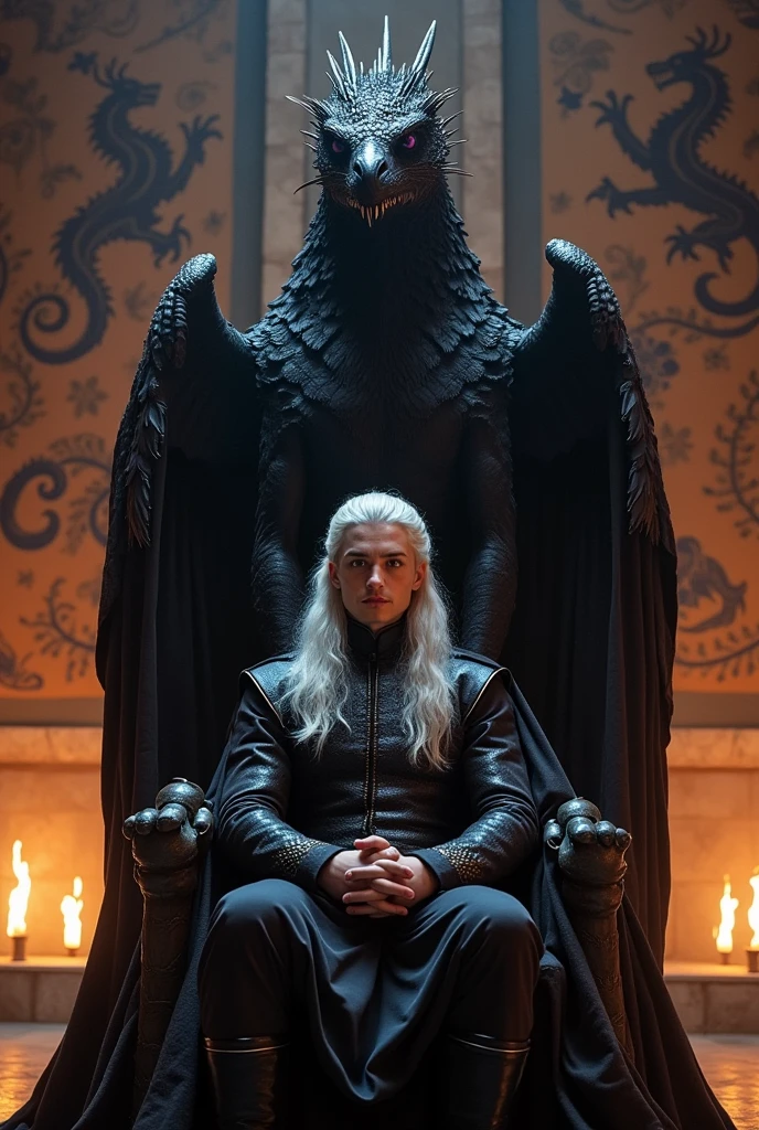 benjamin wadsworth, targaryen prince, he has silver hair, purple eyes, he has a big, black dragon, sitting on the iron trone