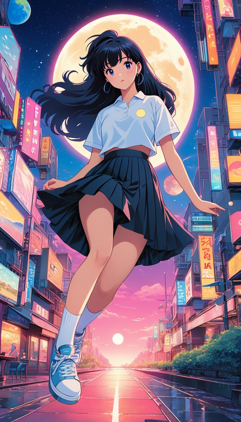 alone, lofi artstyle, lofi art, city, town, 80s anime style, Retro, Lo-Fi, masterpiece, best quality, (extremely detailed CG unity 8k wallpaper), (best quality), (best illustration), (best shadow), absurdres, realistic lighting, (Abyss), beautiful detailed glow, 1girl, solo, long hair, bangs, skirt, shirt, very long hair, full body, white shirt, short sleeves, pleated skirt, shoes, socks, black skirt, moon, sneakers, knees up, floating, space, planet, earth \(planet\), abstract