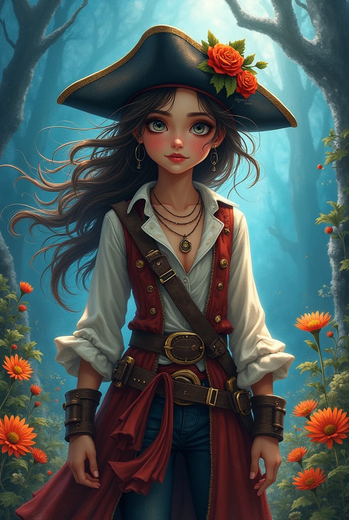 Masterpiece, adorable pirate female: Aly Fell style, octane render, digital oil art, bohemian steampunk , vibrant eyes , disheveled hair, alcohol ink ,hyperdetailed of adorable pirate very beautiful woman, hoarfrost, mix dark and blue fantasy ,pirate core ambiance, flower, medium angle ,glowing ,UHD, masterpiece colorful, super sharp, super vivids, UHD, 18K