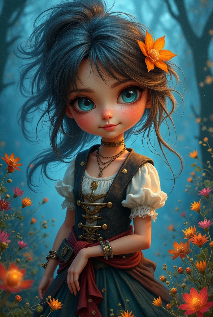 Masterpiece, adorable pirate female: Aly Fell style, octane render, digital oil art, bohemian steampunk , vibrant eyes , disheveled hair, alcohol ink ,hyperdetailed of adorable pirate very beautiful woman, hoarfrost, mix dark and blue fantasy ,pirate core ambiance, flower, medium angle ,glowing ,UHD, masterpiece colorful, super sharp, super vivids, UHD, 18K