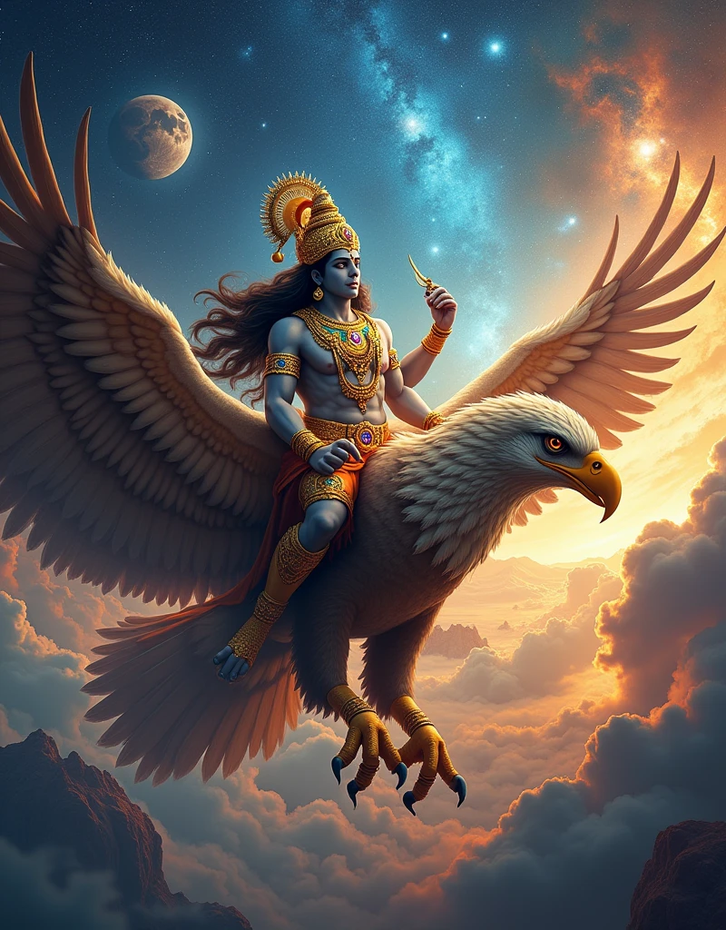 Lord Vishnu's cosmic journey, riding on the back of Garuda through the stars"