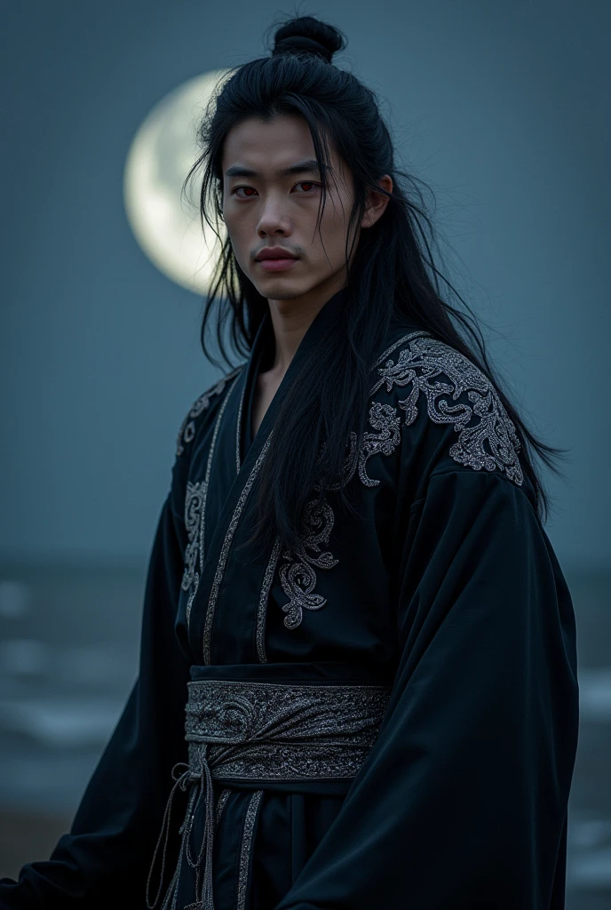 Bathed in the moonlight’s silvery glow, he was a striking figure of dark elegance. His long, black hair cascaded down his back like a shadowy river, shimmering faintly under the night sky. His youthful, handsome face, framed by high cheekbones and a defined jawline, was illuminated by the soft glow of his red eyes, which held an otherworldly light and ancient wisdom.

He wore traditional Chinese cultivation robes of deep black, their fabric absorbing the moonlight, while intricate silver embroidery glinted with an ethereal sheen. The robes, with their flowing sleeves and high collar, were cinched at the waist with a silver belt, reflecting the moon’s radiance and embodying a perfect blend of sophistication and readiness.