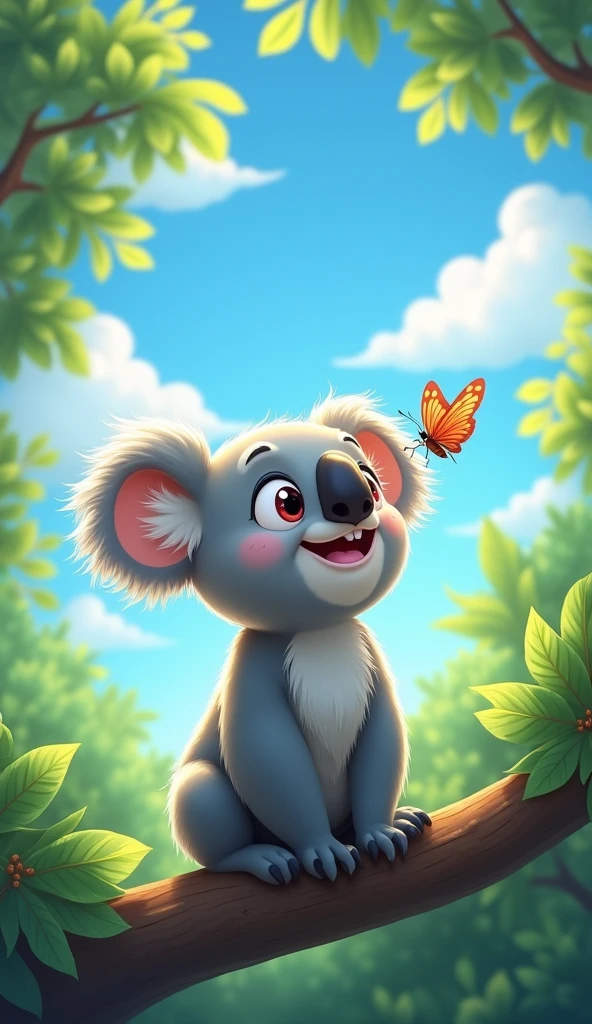 Cartoon anime 3D character of The koala and the butterfly are close together, the butterfly resting on the koala’s nose. The koala’s eyes are bright with wonder and happiness, and the background shows the expansive view from the treetop.