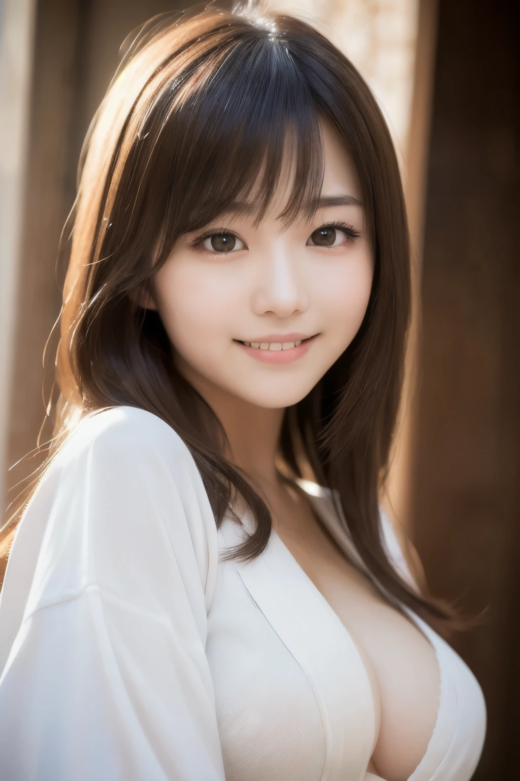 best quality, face focus, soft light, ultra high res, (photorealistic:1.4), RAW photo,(Shinozaki Ai), white skin, kawaii, 1 Japanese girl, solo, cute, (smile), (pupil, lights in the eyes), detailed beautiful face, Medium-sized breasts,(high resolution detail of human skin texture),(long hair),(portrait), upper body, white traditional kimono