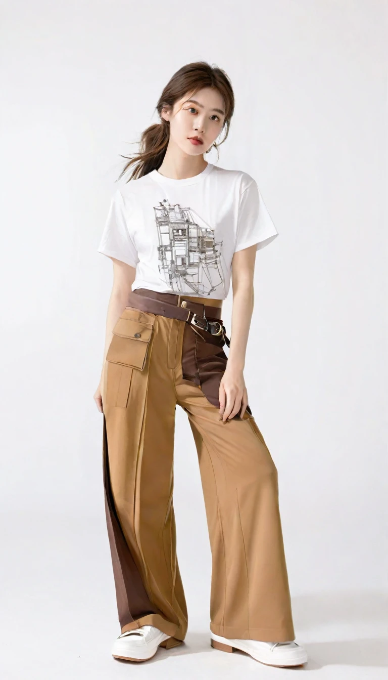Costume design drawing, a girl, on a white background, wearing a white T-shirt, brown wide-leg pants, white shoes, in the picture disassembled model's costume