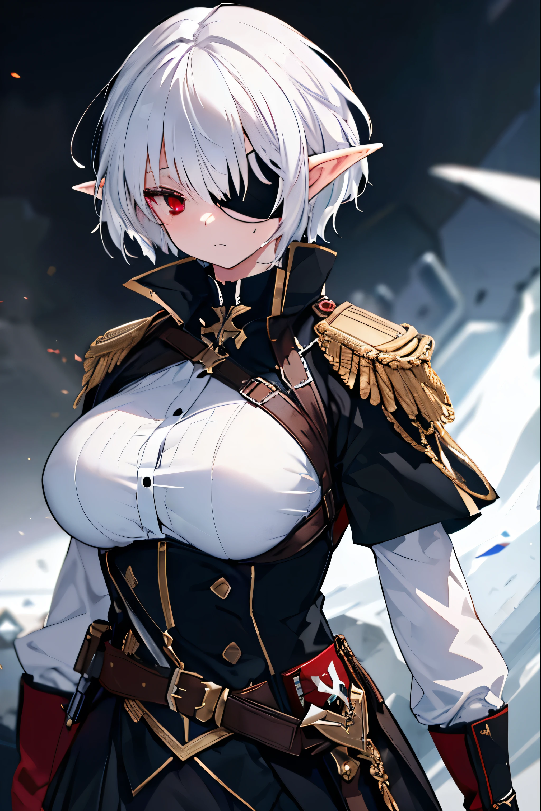 1girl, elf, white hair, clear skin, ((large breasts)), short hair, red eyes, (cool), ((eyepatch)), (single eye), black military uniform, general of another world, ((8K resolution)), ((best quality)), ((masterpiece)), ((extremely detailed)), ((dramatic)), (anatomically correct)