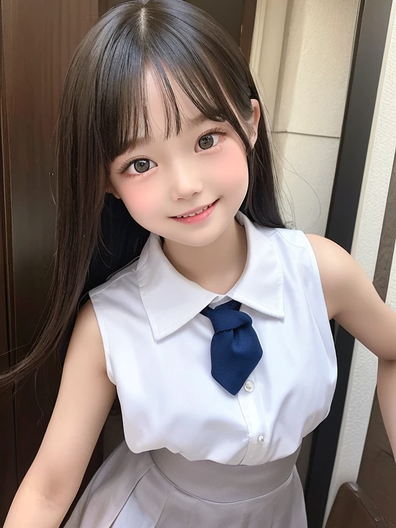 9 years old, elementary school students, full body, best quality:1.6, 8K, (Extremely detailed eyes:1.6, Extremely detailed face:1.2), very cute face, big breast, white shirt, sleeveless, short skirt, school uniform, musume san, long hair, bangs, 1 girl, outdoor, open mouth, Smile slightly,