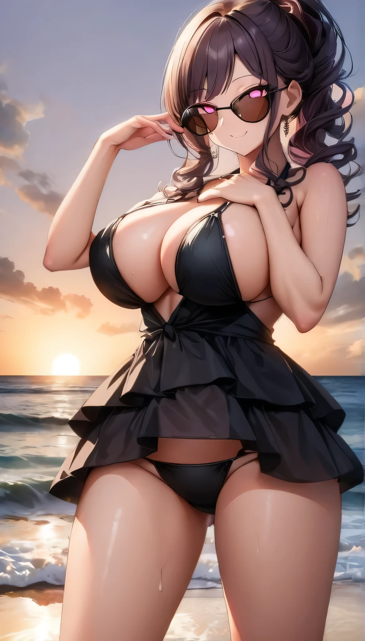 milf lady,masterpiece, best quality, 1girl,black drill half up hair,glowing eyes,sun glasses, (finely detailed empty pupils and detailed face),,cowboy shot,,extremely detailed picture unity 8k wallpaper,solo,(black bikini:1.2),glamour body,seductive smile,,,large breasts,black hair,pink eyes,,,enamel,glamour,dress swimsuits,beach,full body,sexy pose,from below,