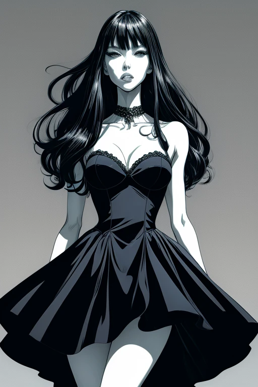 ドアの前にAre standingドレスを着た女性の絵, Girl in a dress, In a dress, Are standing, drawn with photoshop, Comic Digital Art, Elegant digital art, Manga style, Guido Crepax style, Line art in grayscale of a woman in a dress, Fashion pose