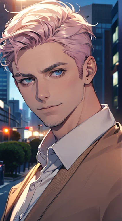 (best quality,4k,8k,highres,masterpiece:1.2),ultra-detailed,(realistic,photorealistic,photo-realistic:1.37),1 man,31 years old,mature man,very handsome,without expression,smile,short grey pink hair,blue eyes,penetrating gaze,perfect face without errors,imposing posture,businessman,office background,cinematic lighting,hdr image